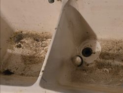Cleaning of sink in residential basement flood cleaning.