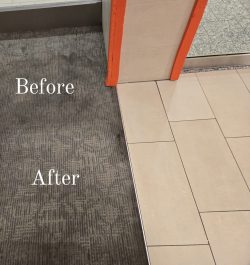A carpeted area labeled "Before" transitions to a tiled floor labeled "After" beside an orange-trimmed wall.