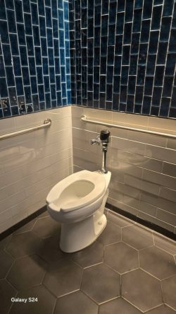 Toilet in a restroom with dark blue and white tiled walls, silver handrails, and hexagonal gray floor tiles.