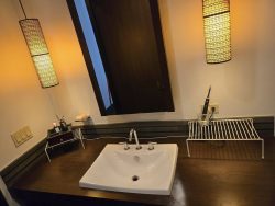 Rectangular sink on a dark wooden counter, flanked by shelves, under a mirror with two warm hanging lights.