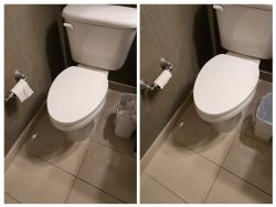 Side-by-side images of a toilet, with the waste bin relocated from the left to the right of the toilet.