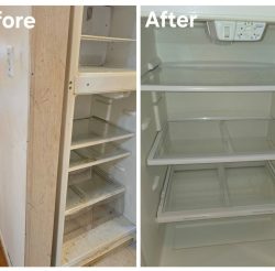 Side-by-side of a refrigerator before and after cleaning; the left is dirty, the right is clean and empty.