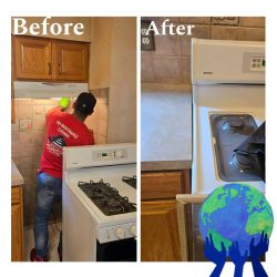 Before and after comparison of a kitchen stove area being cleaned by a worker, showing improved cleanliness.
