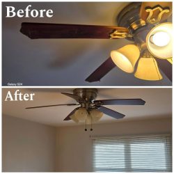 Top: Ceiling fan with broken blade and yellowed lights. Bottom: Same fan repaired with new blades and cleaned lights.